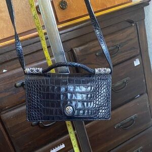 Brioni Black Croc-Textured Leather Handbag with Silver Hardware